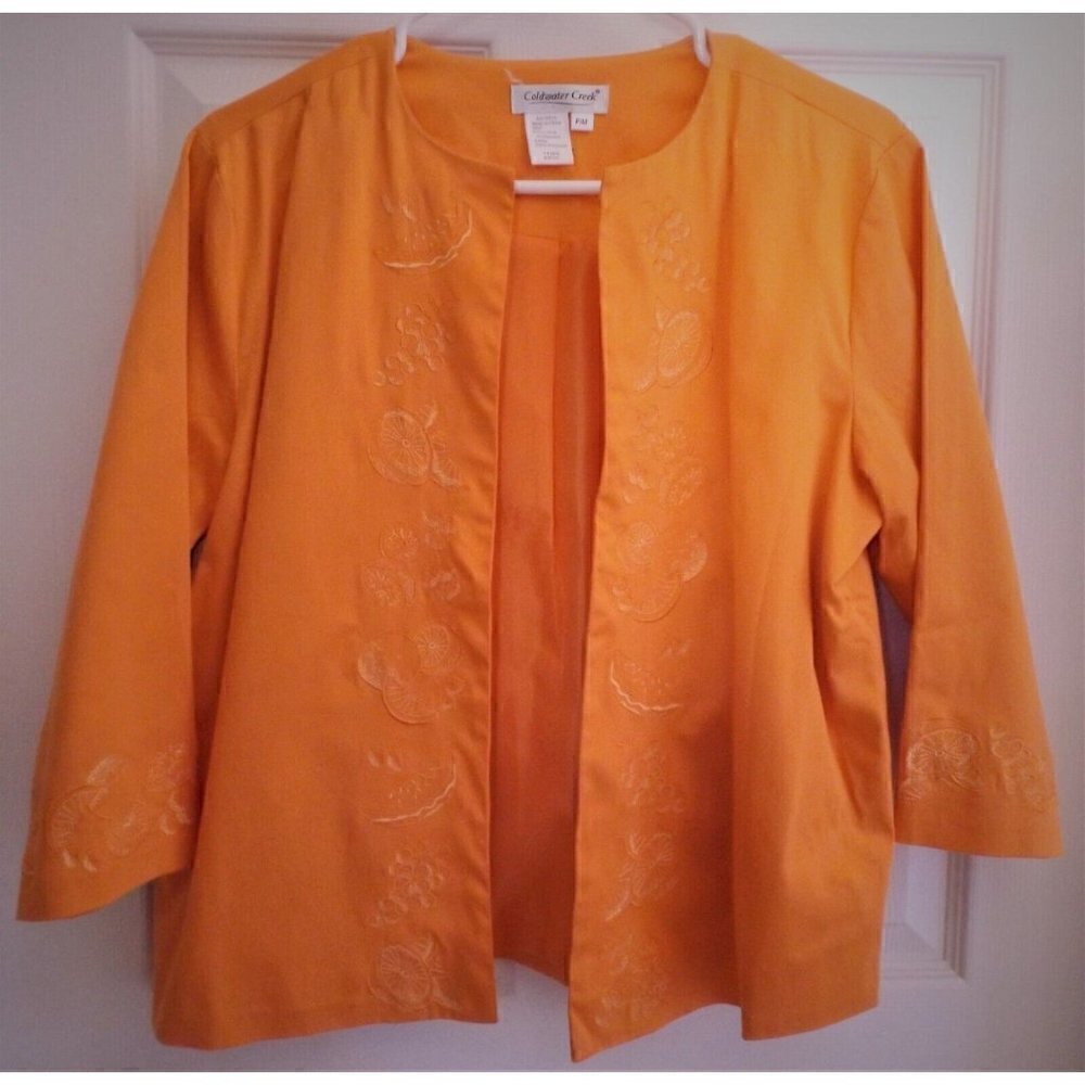 Coldwater Creek PM Orange Round Neck Open Front 3/4 Sleeve Embroidered Blazer